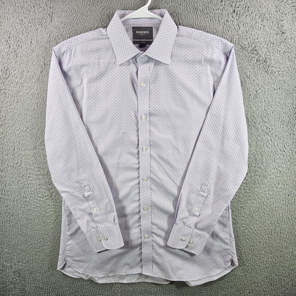 Bonobos Mens Slim Fit Wrinkle Free Polka Dot Dress‎ Shirt 17 34 Lavender Purple
